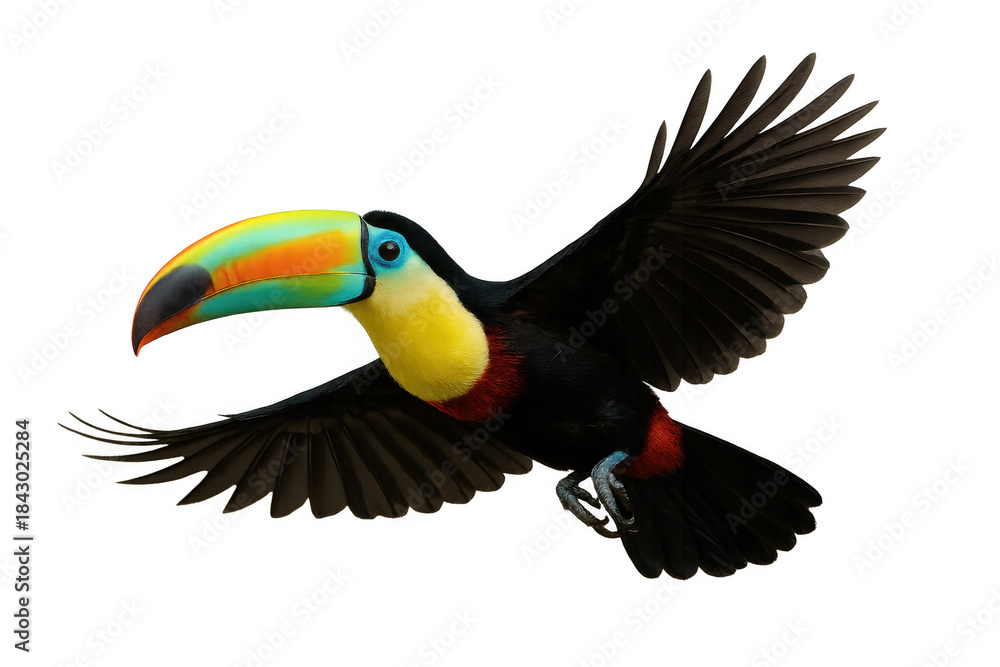 Naklejka premium Keel-billed toucan flying in dynamic pose showing brilliant colorful beak, isolated tropical bird with transparent background