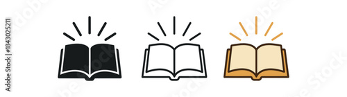 religion icons one flat solid monochrome one thin black outline black and white one full color flat icon open bible with glowing rays