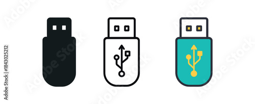 creative workspace icons one flat solid monochrome one thin black outline black and white one full color flat icon usb drive