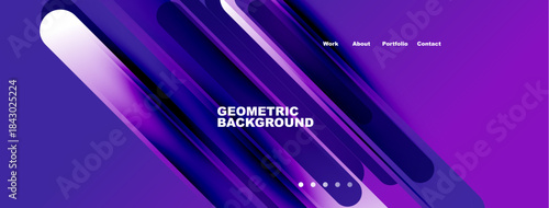 Abstract geometric background. Purple, blue gradients create dynamic visual effect. Navigation menu present, text visible. Modern design.