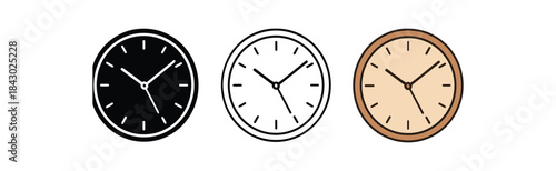 Flat vector illustration clocks with minimalist dials soft rounded forms clean outline one black and white flat version one outline version one color version home decor style
