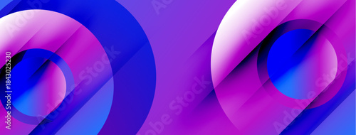 Abstract composition featuring overlapping circles, vibrant purple, blue hues. Modern design, smooth gradients create dynamic visual effect.