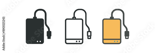 creative workspace icons one flat solid monochrome one thin black outline black and white one full color flat icon external hard drive
