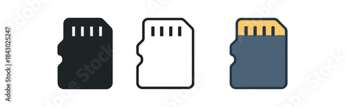 creative workspace icons one flat solid monochrome one thin black outline black and white one full color flat icon memory card