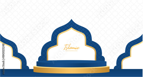 Islamic Blue Gold Podium Stage Banner Elegant Background
