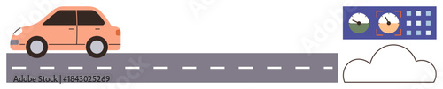 Orange car drives on gray road near speedometer, calendar, and cloud. Ideal for transport, data, travel, environment, planning speed and technology themes. Minimal flat metaphor