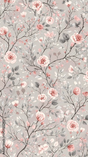 A delicate, vintage floral pattern with pink roses and grey foliage on a muted background