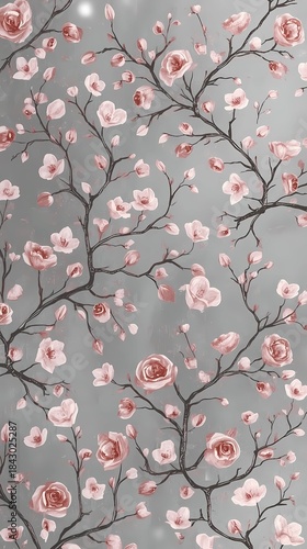 Stylized pink roses and blossoms on dark branches against a grey background