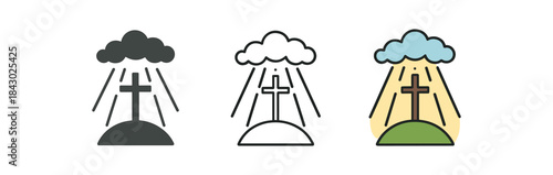 religion icons one flat solid monochrome one thin black outline black and white one full color flat icon light beam from clouds