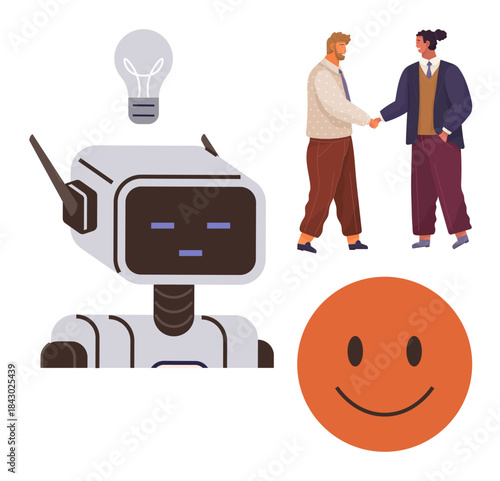 Robot with light bulb, two people shaking hands, and happy face convey technology, teamwork, ideas, creativity, partnership, progress and positivity. Ideal for innovation collaboration workplace