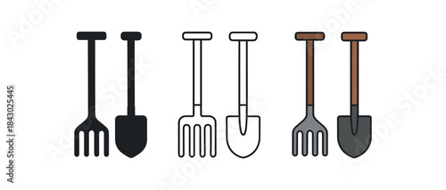 gardening icons one flat solid monochrome one thin black outline black and white one full color flat icon rake and spade