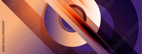 Abstract composition featuring overlapping circles, gradients, orange hues, purple tones. Dynamic shapes create visual interest.