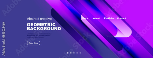 Modern website header design. Purple, blue gradients create dynamic geometric shapes. Text elements present portfolio information. Simple, clean aesthetic.