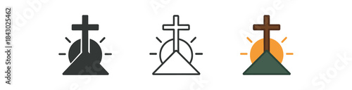 religion icons one flat solid monochrome one thin black outline black and white one full color flat icon cross and mountain sunrise