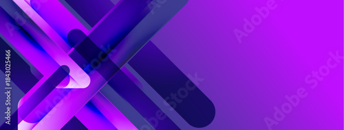 Abstract geometric shapes overlap, creating vibrant purple gradients. Modern design suggests technology, innovation, future concepts. Clean lines dominate composition.