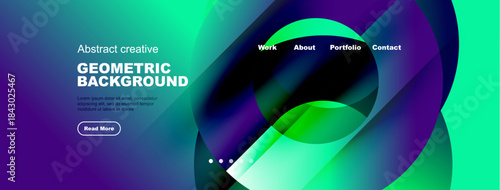 Modern website header design. Vibrant gradients, geometric shapes, text elements present navigation options. Clean aesthetic.