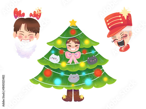 Christmas tree, Santa and Nutcracker rendered artsyle with lineless illustration 