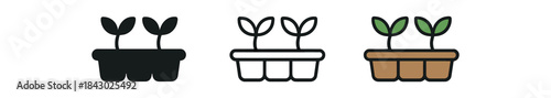 gardening icons one flat solid monochrome one thin black outline black and white one full color flat icon seedling tray