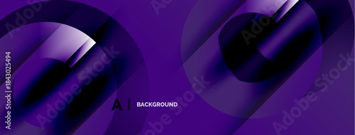Abstract purple design features overlapping circles, gradients, dynamic shapes. Modern aesthetic suitable for backgrounds, banners, presentations.