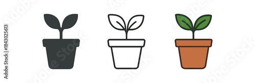 gardening icons one flat solid monochrome one thin black outline black and white one full color flat icon potted plant sprouting