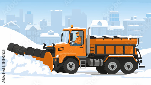 A heavy-duty municipal snowplow truck with a large black V-plow on the front clearing snow in urban environment, snow removal for city streets, winter chore picture, vector  