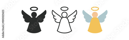 religion icons one flat solid monochrome one thin black outline black and white one full color flat icon angel silhouette with