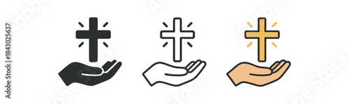 religion icons one flat solid monochrome one thin black outline black and white one full color flat icon hand with shining cross