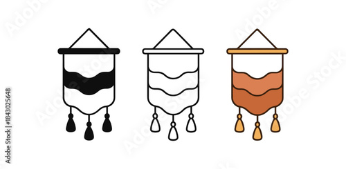 Flat vector illustration woven hangings with tassels soft rounded forms clean outline one black and white flat version one outline version one color version home decor style