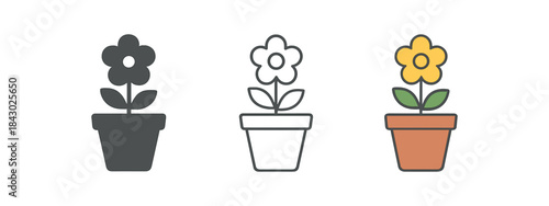gardening icons one flat solid monochrome one thin black outline black and white one full color flat icon flower pot with blooming plant