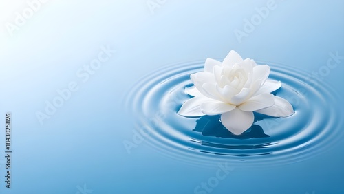 Delicate white flower floating on calm blue water serene.