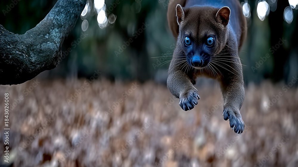 Obraz premium Fossa Leaps Between Trees in Madagascar During Daytime
