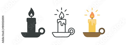 religion icons one flat solid monochrome one thin black outline black and white one full color flat icon candle holder glowing
