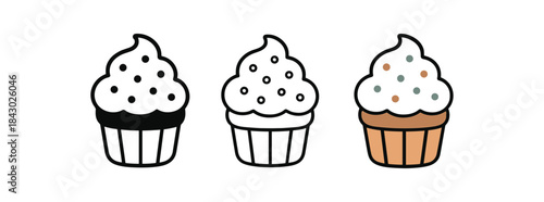 Flat vector illustration cupcakes with frosting and sprinkles soft rounded forms clean outline one black and white flat version one outline version one color version cozy festive style