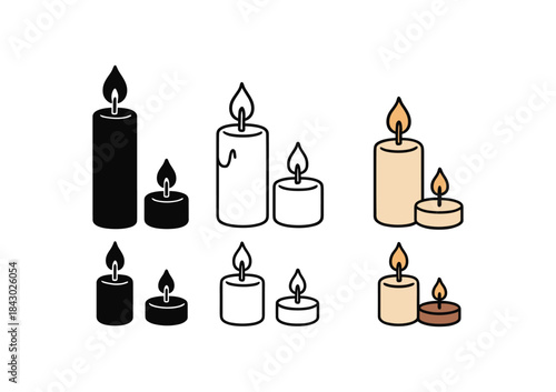 Flat vector illustration celebration candles tall short and tea light soft rounded shapes clean outline one black and white flat version one outline version one color version cozy festive