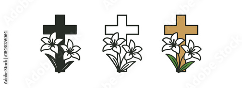 religion icons one flat solid monochrome one thin black outline black and white one full color flat icon cross with lilies