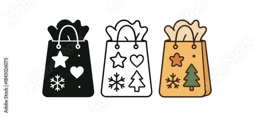 Flat vector illustration gift bags with tissue paper and tiny icons soft rounded silhouettes clean outline one black and white flat version one outline version one color version cozy