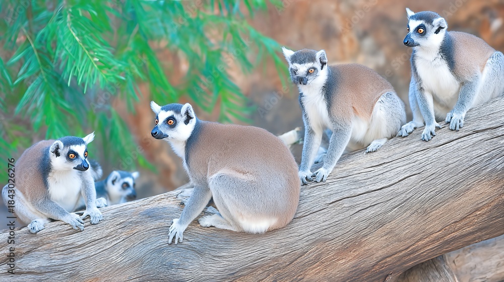 Fototapeta premium Group of Lemurs Resting on a Tree Branch in Madagascar During Daylight Hours