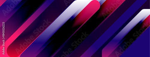 Abstract design features vibrant purple, pink, white lines. Dynamic composition creates modern visual impact. Smooth gradients enhance depth.