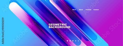 Abstract geometric background features vibrant blue, purple gradients. Text includes work, about, portfolio, contact options. Modern design.