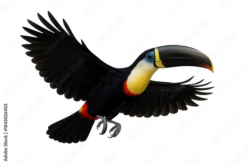 Naklejka premium Toucan bird flying, a tropical animal with large beak soaring through air with transparent background