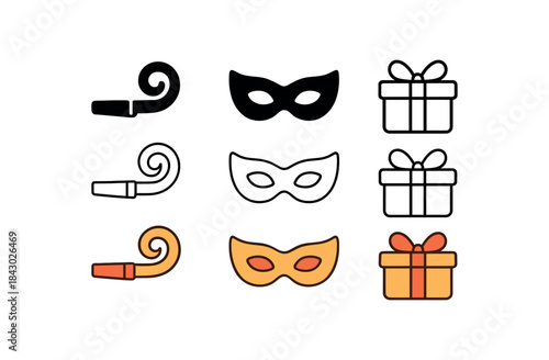 Flat vector illustration small party favors whistles masks and tiny gifts soft rounded shapes clean outline one black and white flat version one outline version one color version cozy