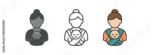 baby routine icons one flat solid monochrome one thin black outline black and white one full color flat icon baby carrier wrap