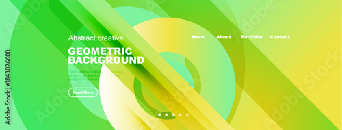 Abstract green yellow background. Geometric shapes overlap, creating dynamic visual effect. Website navigation visible.