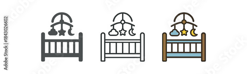 baby routine icons one flat solid monochrome one thin black outline black and white one full color flat icon baby mobile over crib