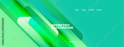 Abstract geometric background. Green gradients overlap creating dynamic visual effect. Navigation menu present at top. Simple design.