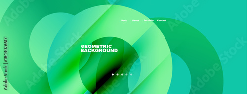 Abstract green layers create dynamic background. Text displays website navigation, geometric design elements present.