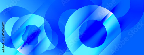 Abstract blue circles overlap, creating dynamic visual effect. Smooth gradients suggest movement, depth. Modern design element.