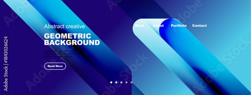 Modern website banner design. Blue gradients, geometric shapes, text overlays present portfolio information. Clean, professional aesthetic.