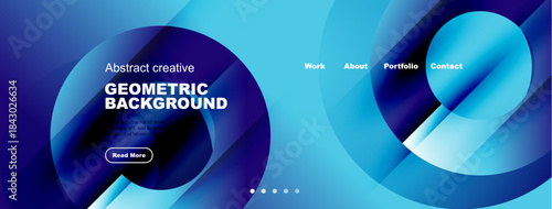 Abstract blue geometric background features text, navigation menu, plus read more button. Modern design, vibrant colors present.