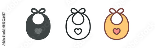 baby care icons one flat solid monochrome one thin black outline black and white one full color flat icon baby bib with small heart